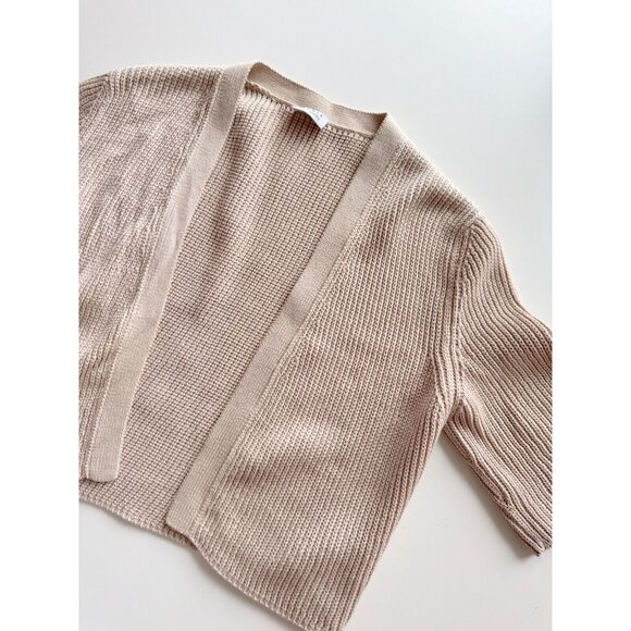 AKRIS PUNTO Beige Cotton Pointelle Knit Open Cardigan Shrug Sweater, Size 10 - Picture 6 of 12